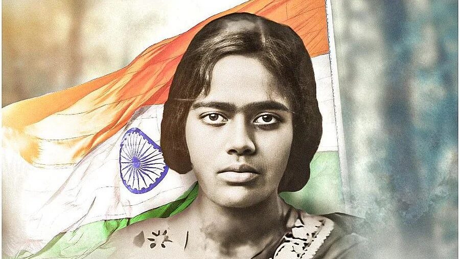 A modern colourised rendering of the archival portrait of Pritilata Waddedar, shown against an image of the flag of India.