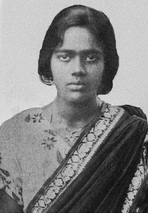 Archival black and white portrait of Pritilata Waddedar in a patterned sari.
